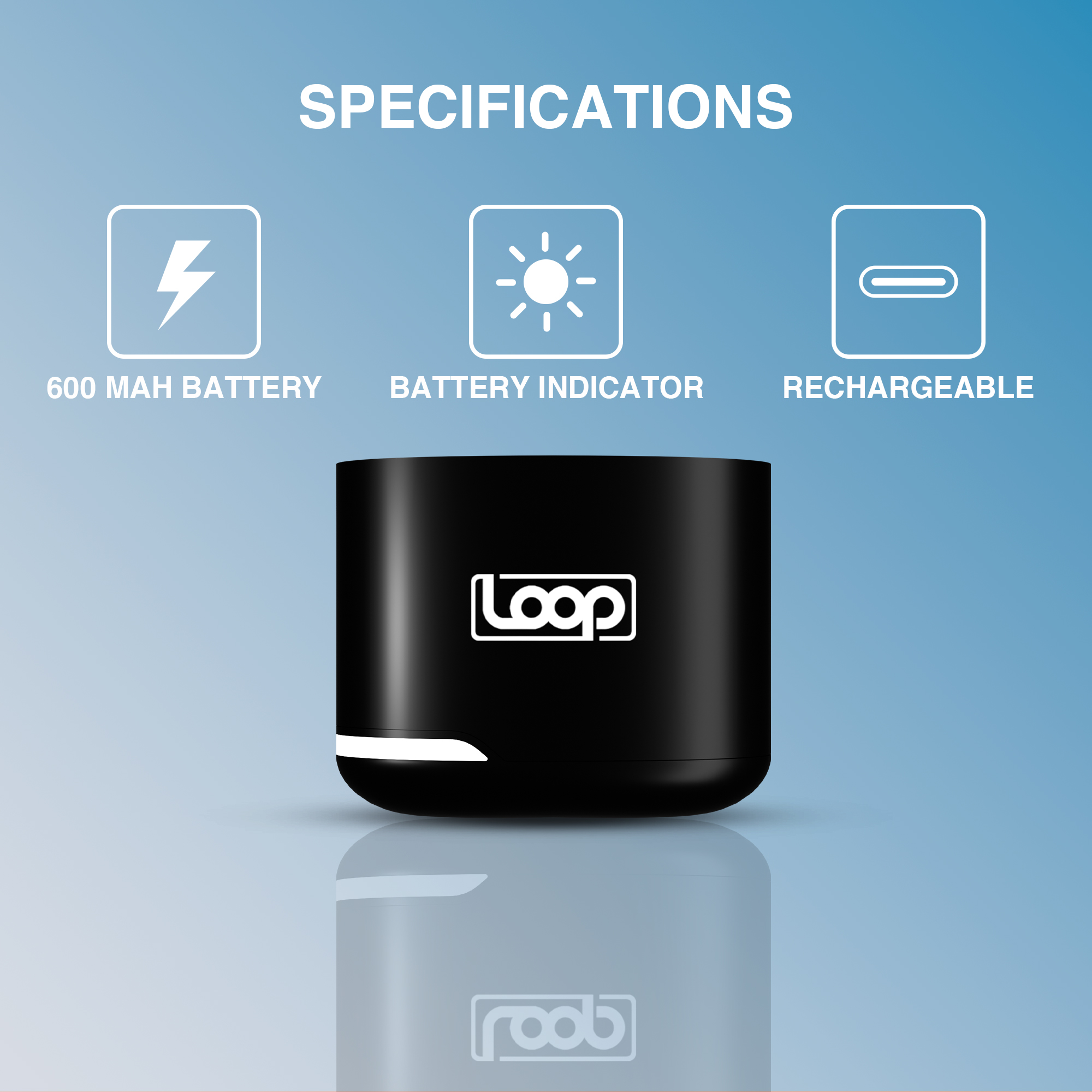 SPECIFICATIONS: 600 MAH BATTERY. BATTERY INDICATOR. RECHARGEABLE.